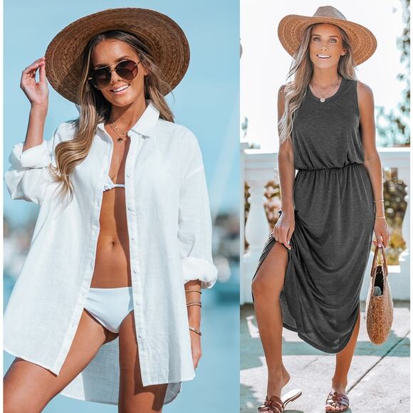NWT Cupshe Tuscany Grey Midi Dress & White Oversized Beach Cover Up Bundle Sz S - Picture 1 of 8